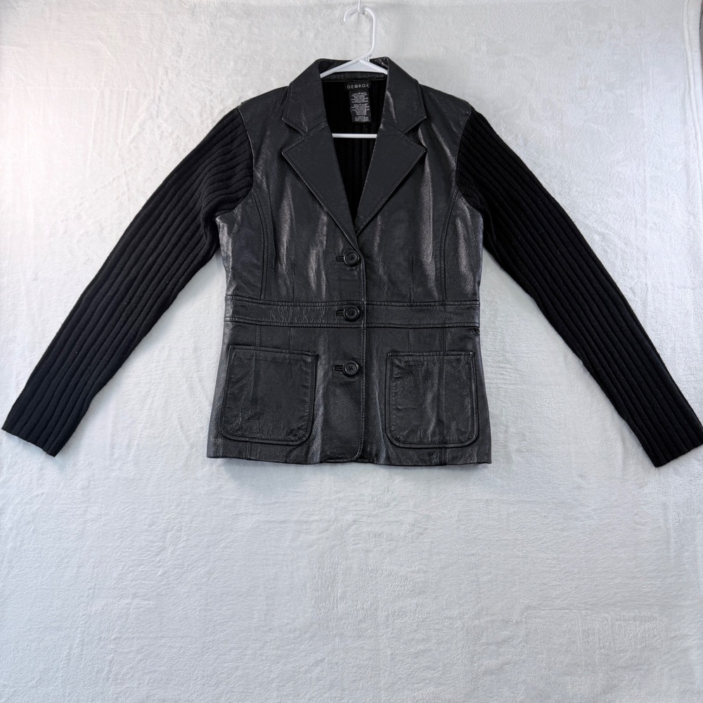 Leather Knit jacket Mixed Media Rich Black Ribbed Button Front Ladies M